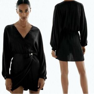 ZARA Satin effect wrap dress long sleeves Size Large